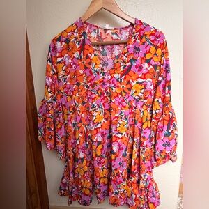 V-Neck Floral Tunic Top in Orange & Pink